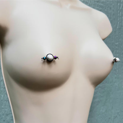 Peacock Sparkly Fake Nipple Piercings - Barbell Nipple Rings / Nipple Jewelry Non Piercing