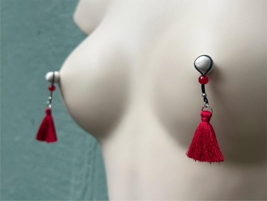 nipple noose piercing with tassles, red tassle nipple jewelry, bourlesque style nipple jewelry, sexy fake nipple piercing