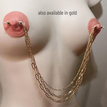 Faux Nipple Piercing with Chains - Triple Nipple Chain Connector / Body Chain to Nipple Jewelry