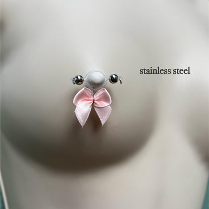 Cute Pink Bow - Barbell Nipple Rings / Faux Nipple Piercing
