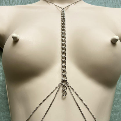 Chunky Body Chain Choker - Breast Harness with Faux Nipple Piercing / Bra Chain