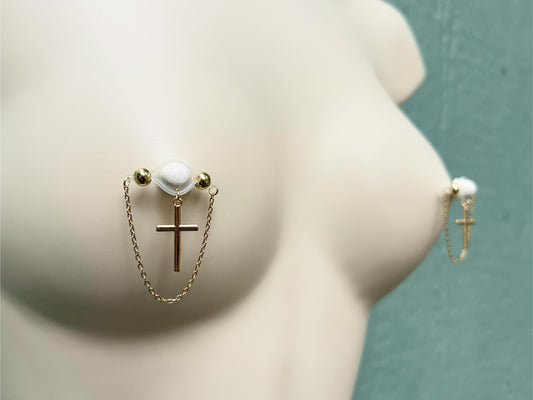 faux nipple piercing with cross pendant, barbell style nipple jewelry with cross and chain, christian nipple jewelry