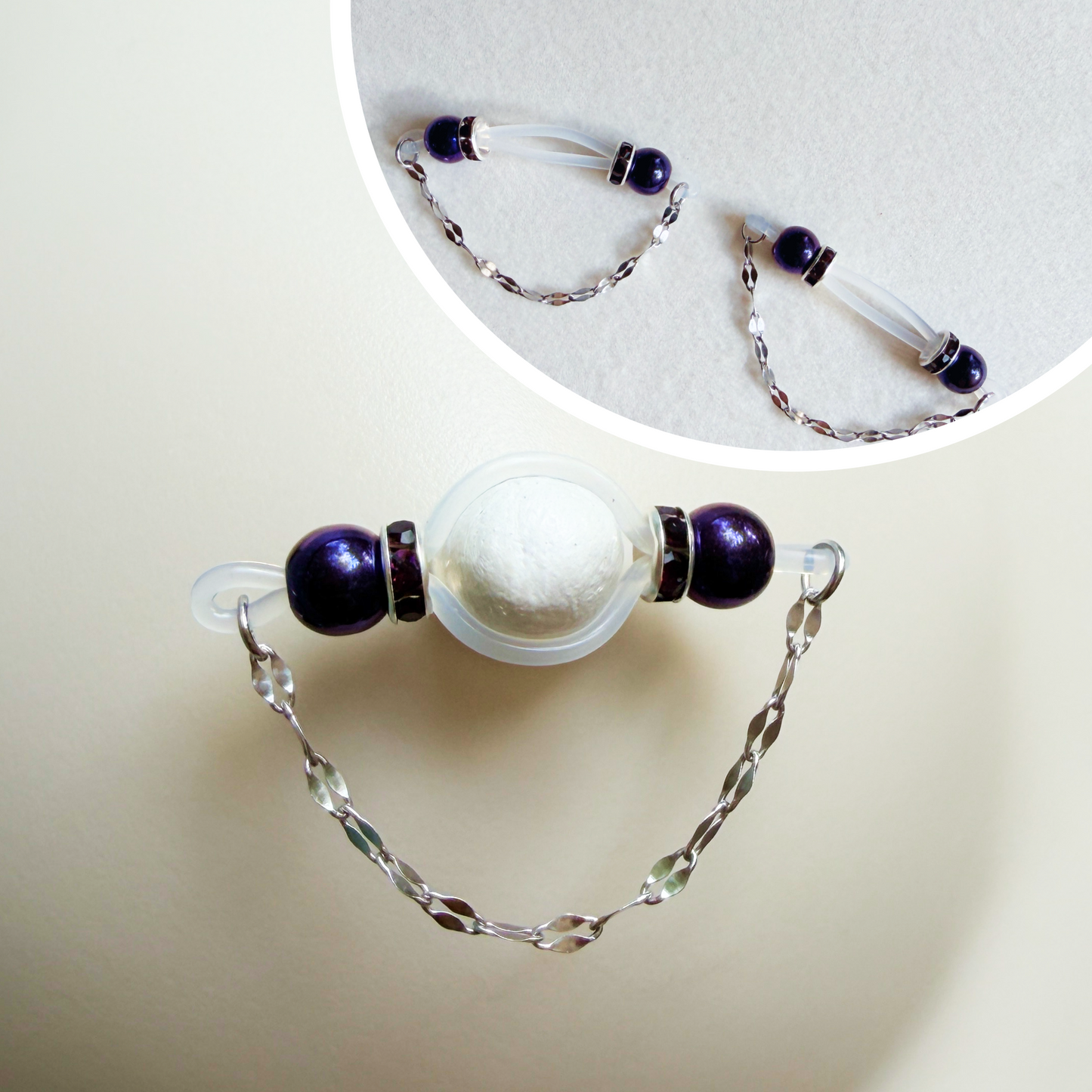 Faux Nipple Piercings with Chains and Purple Peacock Barbells - Fake Nipple Rings / Non Piercing Nipple Jewelry
