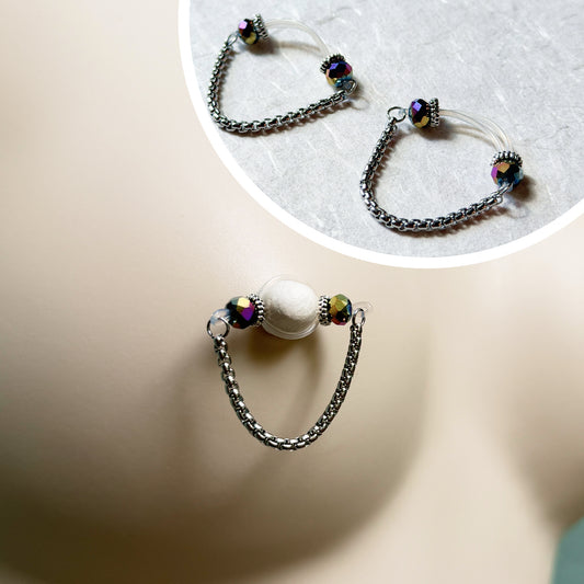 Sparkly Nipple Jewelry with Snake Chain - Fake Nipple Piercing / Nipple Rings