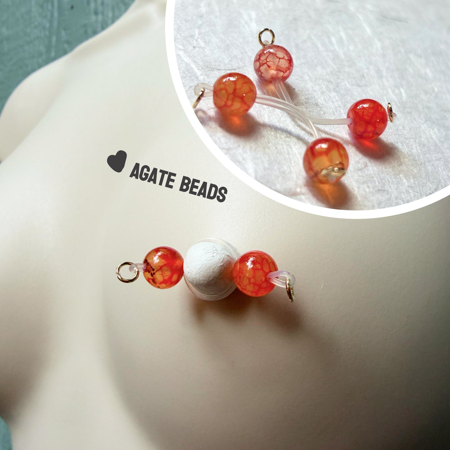 Orange Agate Barbell Fake Nipple Rings / Faux Nipple Piercing