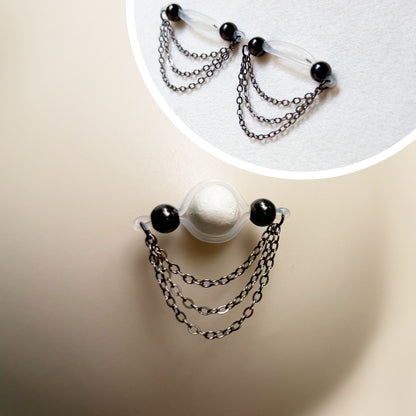 Black Barbell Nipple Rings with Triple Chain / Faux Nipple Piercings