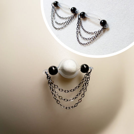 Black Barbell Nipple Rings with Triple Chain / Faux Nipple Piercings