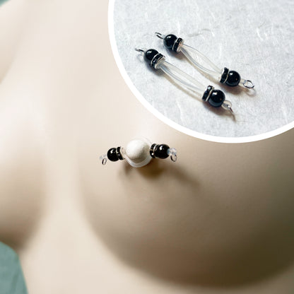 Barbell Nipple Rings with Black Beads and Roundel / Faux Nipple Piercing