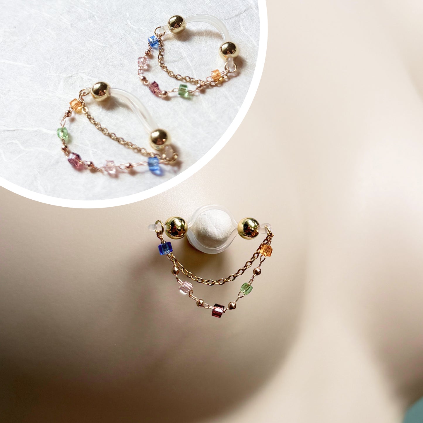 Golden Nipple Rings with Colorful Chain - Fake Nipple Piercings / Non Piercing Nipple Jewelry