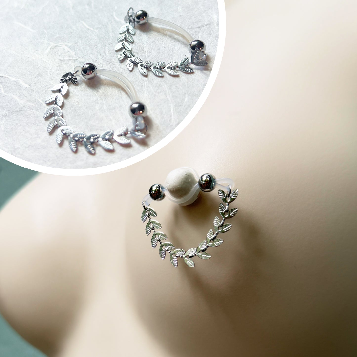 Fake Nipple Rings with Leaf Vine Chain - Barbell Fake Nipple Piercings / Nipple Jewelry