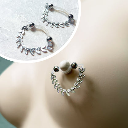 Fake Nipple Rings with Leaf Vine Chain - Barbell Fake Nipple Piercings / Nipple Jewelry