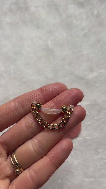 Gold Fake Nipple Piercing with Chunky Chain - Barbell Nipple Rings / Non Piercing Nipple Jewelry