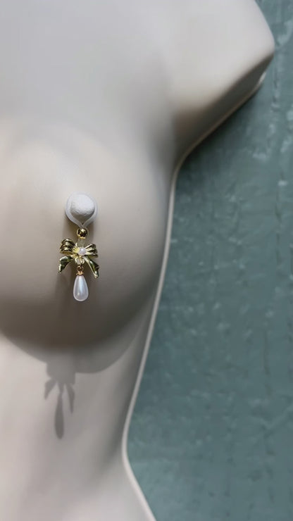 Gold Bow & Pearl Dangle - Faux Nipple Piercing / Non Piercing Nipple Jewelry