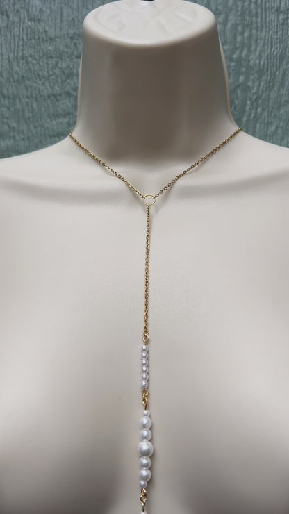 Pearl Choker Necklace to Faux Nipple Piercing or Nipple Clamp - Body Chain Jewelry / Bra Chain