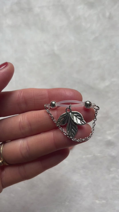 Leaf Charm Nipple Rings - Barbell Fake Nipple Piercings / Non Piercing Nipple Jewelry