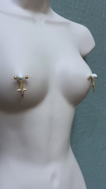 Gold Star Fake Nipple Rings - Barbell Fake Nipple Piercings / Non Piercing Nipple Jewelry