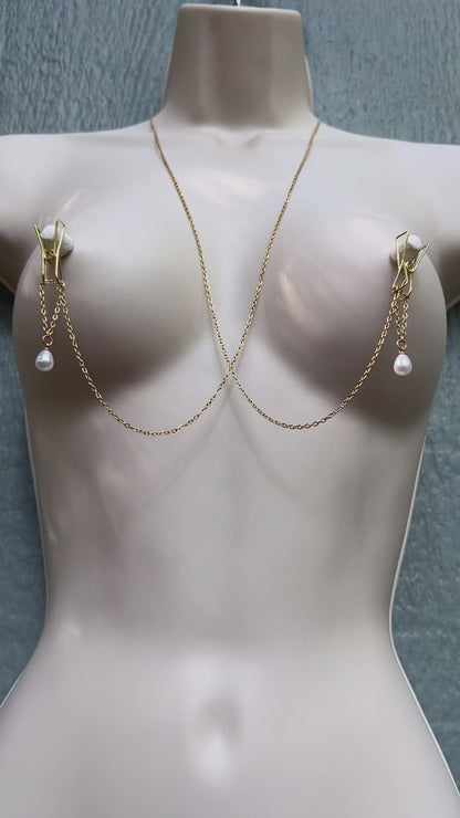 Silver Nipple Clamps with Chain & Pearls - Body Chain Jewelry / Bra Chain / Breast Harness