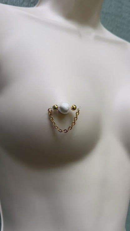 Golden Fake Nipple Piercing with Sparkly Chain - Barbell Nipple Rings / Non Piercing Nipple Jewelry