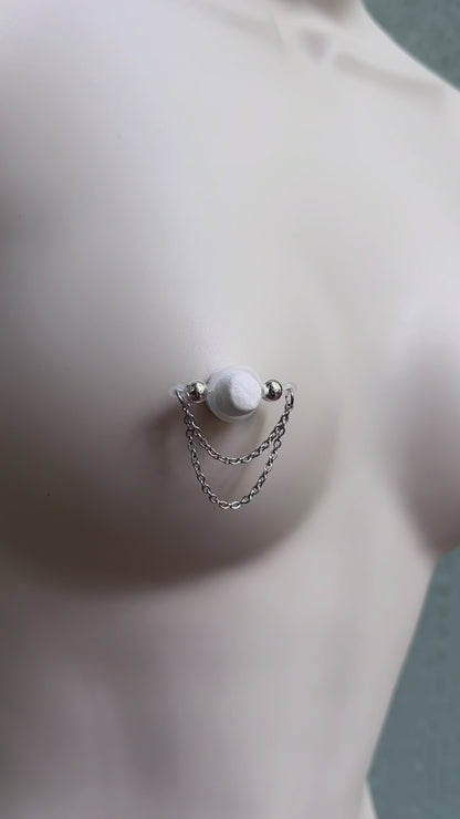 Silver Barbell Nipple Chain Piercing - Fake Nipple Piercing / Clip On Nipple Rings