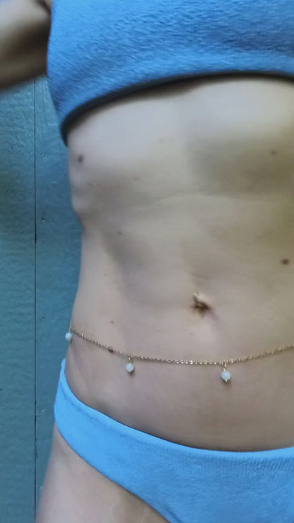 Dainty Belly Chain Beaded with Pearls or Moonstone / Waist Chain Jewelry - Waterproof Body Chain