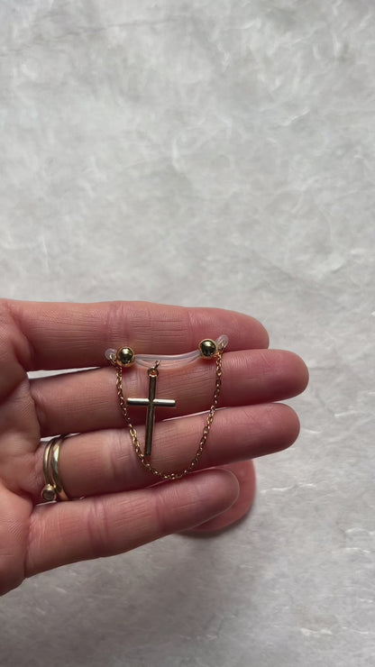 Chain & Cross Barbell Nipple Rings - Nipple Chain Piercings / Christian Non Piercing Nipple Jewelry