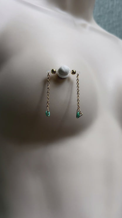 Turquoise Hearts - Barbell Nipple Chain Piercings / Non Piercing Nipple Jewelry