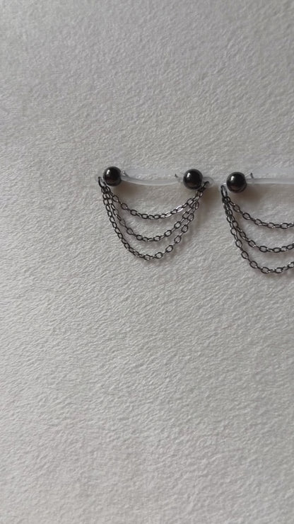 Black Barbell Nipple Rings with Triple Chain / Faux Nipple Piercings